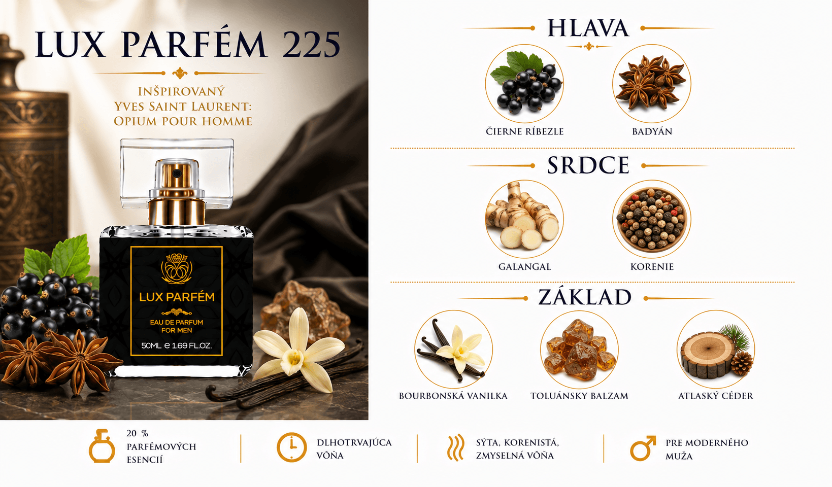Lux Parfém 225 – Inšpirovaný Yves Saint Laurent: Opium Pour Homme
